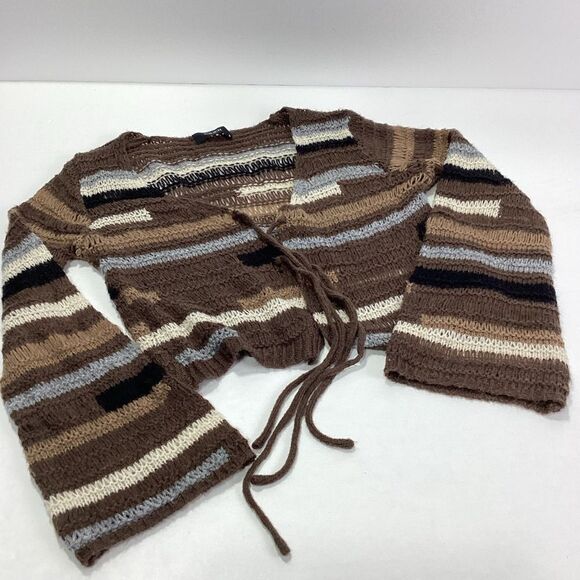 Cider Brand Knit Front Tie Wrap Sweater Patchwork Crochet Y2k Crop Sweater Small - Picture 6 of 10